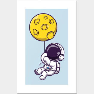 Cute Astronaut Floating With Moon Balloon Posters and Art